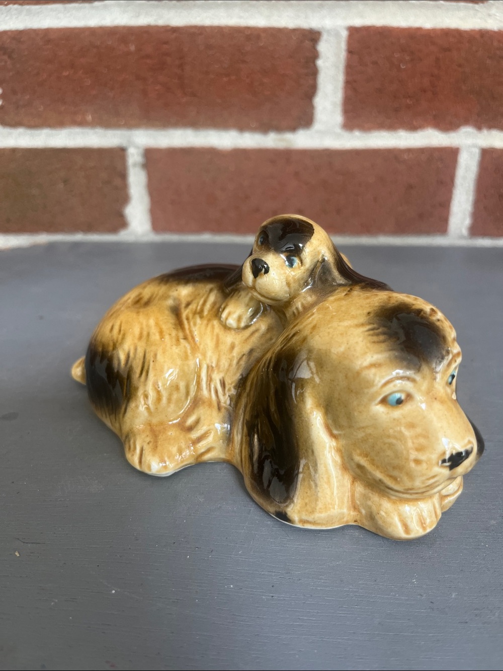 Vintage Ceramic Dog Figurine with Puppy - Brown Glaze Made in Brazil